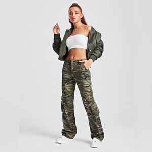 Flamingals Camo Print Cargo Baggy Jeans High Waist Wide Leg Denim Army Pants L